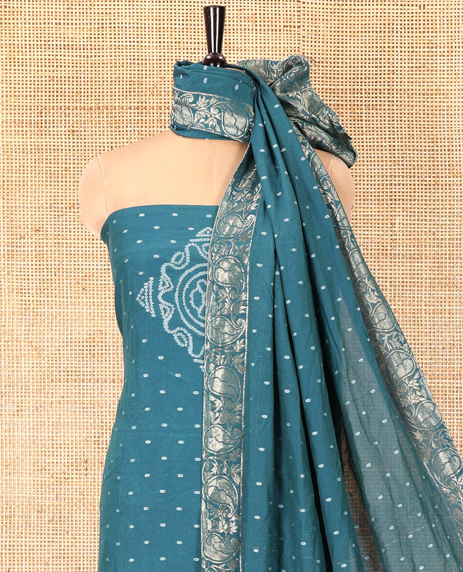 Rama Green Mul Chanderi Material Chudidar Set, Subtly Printed with Bandhani-Style Printed Top, a Plain Santoon Bottom, and Paired with a Matching Mul Chanderi Bandhani-Dotted and Zari-Woven Dupatta
