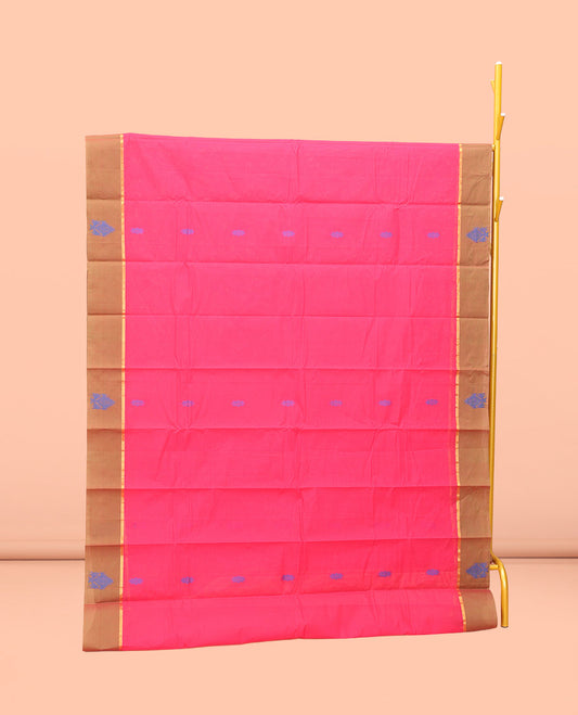 Pink Kanchi Cotton Saree, Detailed with Buttas All Over Its Body, Complemented by Contrast Border, Intricately Thread-Designed Pallu, and Paired with a Matching Blouse