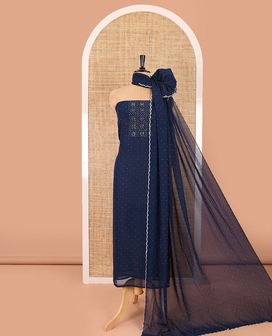 Royal blue material chudidar set, silver stone embroidered with neck bead work georgette top, santoon plain botom, and scallop swarovski stone work dupatta