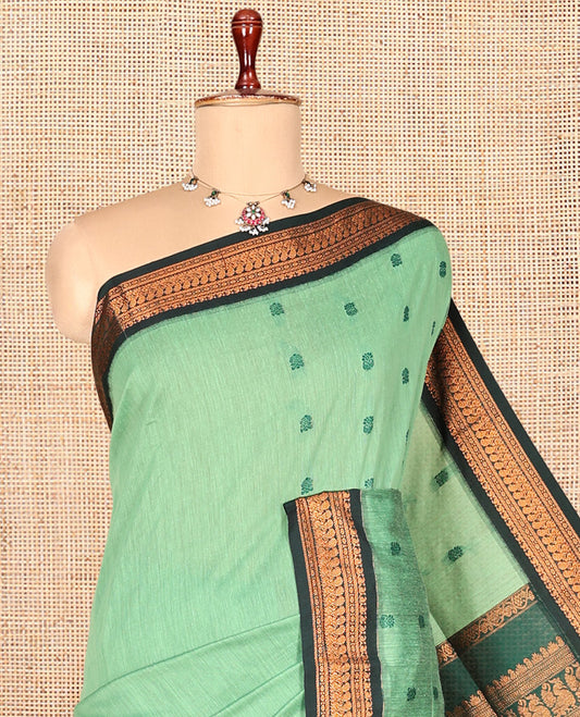 Green Kalyani Cotton Saree, Subtly Sparkled with Thread Buttas, a Contrast Traditional Zari Border, Grand Pallu, and a Contrast Blouse