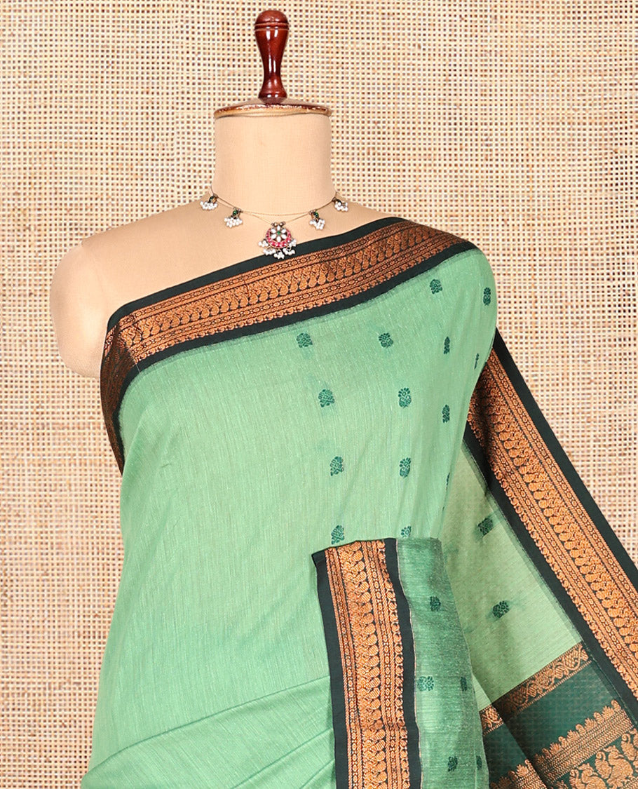 Green Kalyani Cotton Saree, Subtly Sparkled with Thread Buttas, a Contrast Traditional Zari Border, Grand Pallu, and a Contrast Blouse