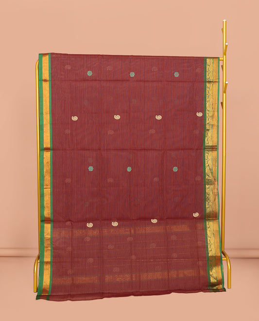 Red Venkatagiri Cotton Saree, Subtly Woven with Buttas, a Contrast Traditional Zari Border, Pallu of Buttas and Stripes, and No Blouse