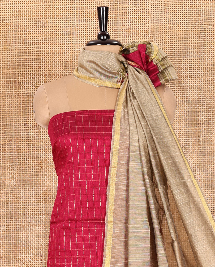 Majenta Material Chudidar Set, Adorned with Zari Checks All Over Its Semi-Silk Top, Comes with a Subtle Plain Bottom, and a Contrast Semi-Silk Dupatta of Zari Border and Tassels