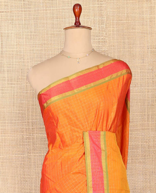 Orange Aarani Silk Saree, Subtly Enriched with Checked Design on Its Body, Complemented by a Contrast Border, Pallu of Stripes, and Paired with a Contrast Blouse