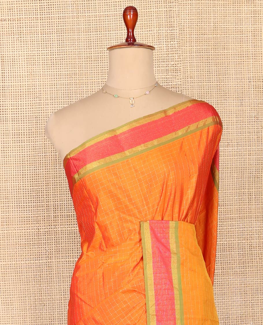 Orange Aarani Silk Saree, Subtly Enriched with Checked Design on Its Body, Complemented by a Contrast Border, Pallu of Stripes, and Paired with a Contrast Blouse