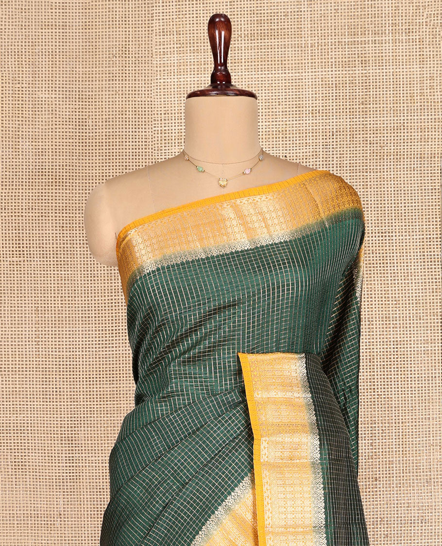 Green Dupion Silk Saree, Detailed with Zari Micro-Checks, Complemented by a Contrast Traditional Zari Design Border, Zari Striped Pallu, and a Contrast Blouse