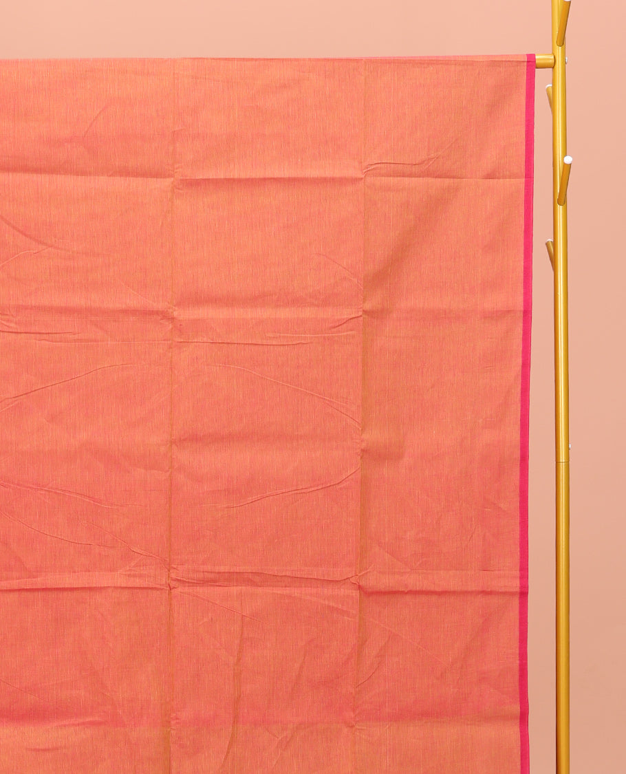 Pink-Orange Plain Chettinad Cotton Saree, Complemented by a Contrast Traditional Zari Border of Peacock Designs, Striped Pallu, and Paired with a Matching Blouse