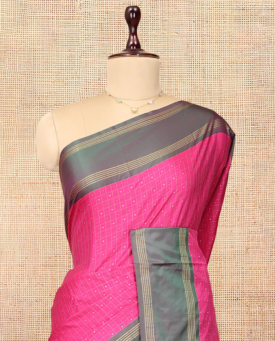 Pink Arani Saree, Decked Up with Butta Enclosed Checks, a Contrast Bodi Border, Self-Pallu, and a Matching Blouse