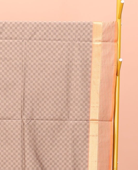 Brown Poly Cotton Saree, Bedecked with Checked Design on Its Body, Highlighted by a Traditional Zari  Peacock-Eye Border, Complemented by Contrast Striped Pallu, and Paired with a Contrast Blouse