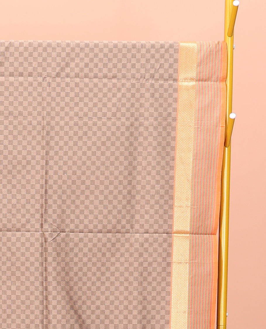 Brown Poly Cotton Saree, Bedecked with Checked Design on Its Body, Highlighted by a Traditional Zari  Peacock-Eye Border, Complemented by Contrast Striped Pallu, and Paired with a Contrast Blouse
