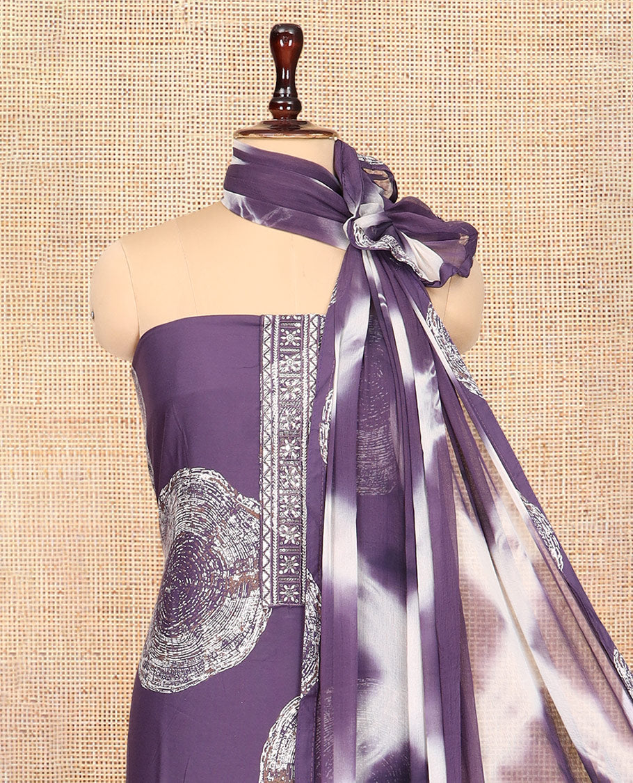 Dark Lavender Rayon Material Churidar Features Circle Buttas and Neck Embroidery Top, a Contrast Bottom, Shibori Printed Dupatta