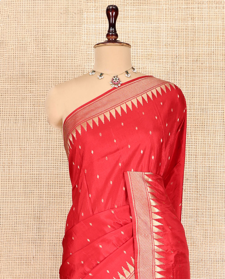 Red HO-Silk Saree, Elevated with Diamond Buttas All Over Its Body, Highlighted by Temple Border, Complemented by Pallu Depicting Floral and Crane Motifs, Paired with a Matching Blouse