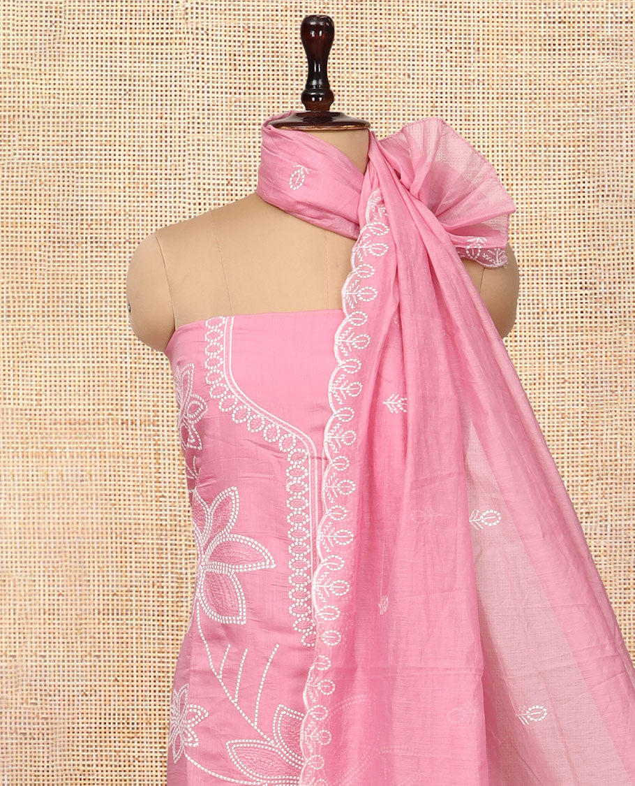 Pink Mul Chanderi Material Churidar, Floral Embroidery Top, a Plain Santoon Bottom, a Embroidered Dupatta