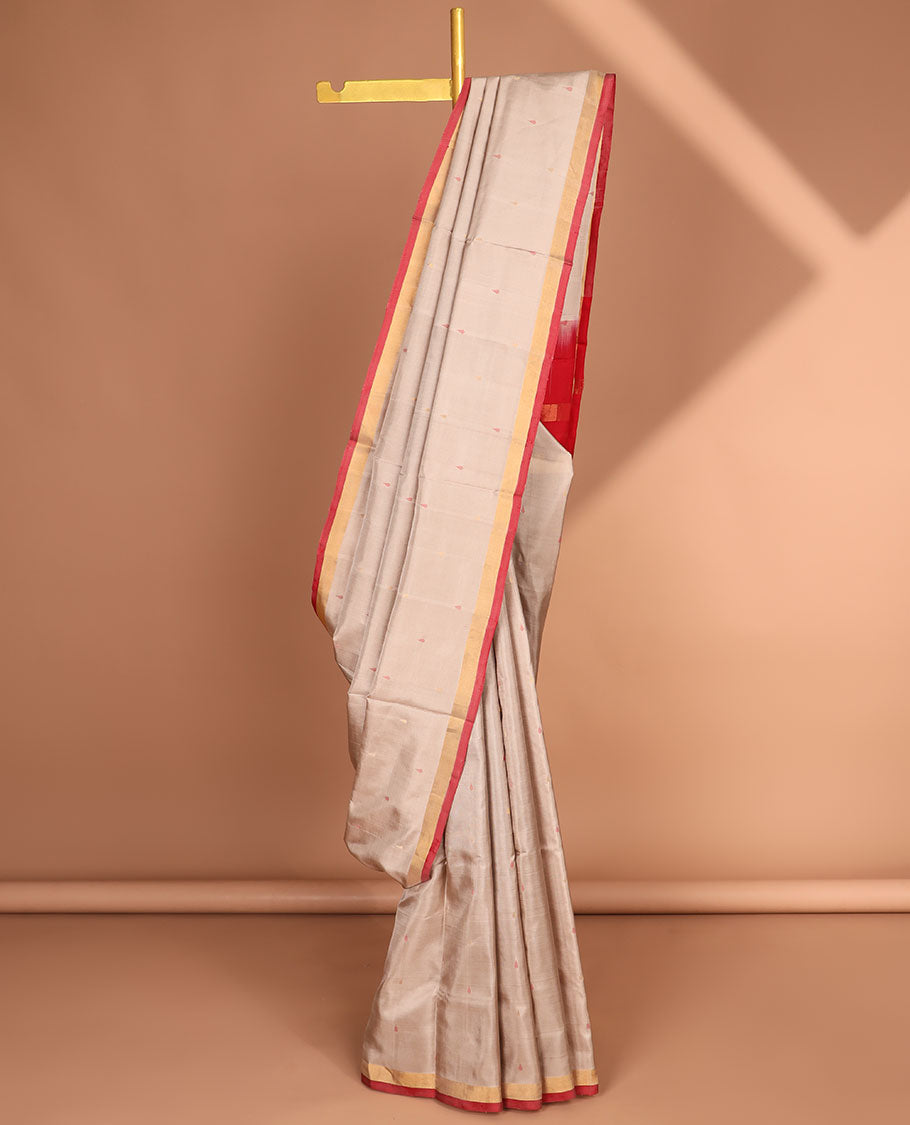 Beige uppada saree with unique buttas, contrast plain border & pallu of floral jaal designs