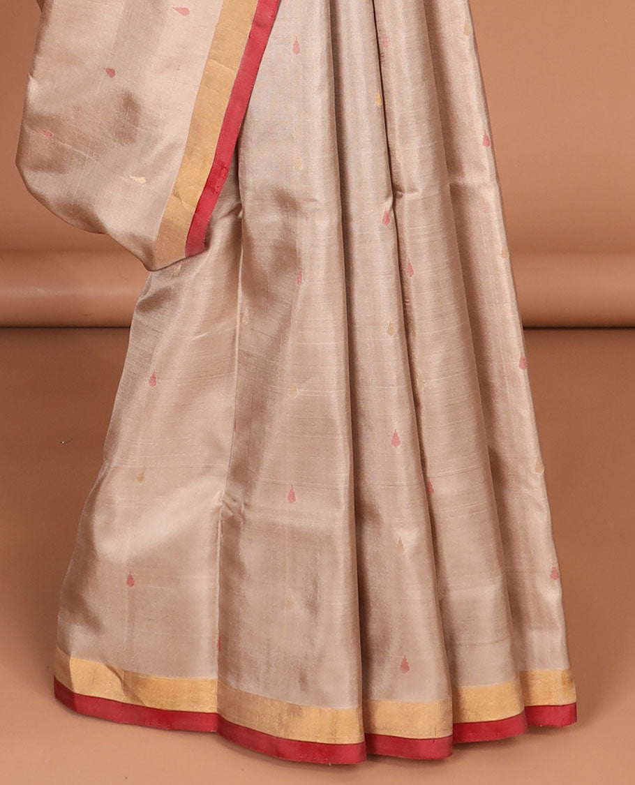 Beige uppada saree with unique buttas, contrast plain border & pallu of floral jaal designs