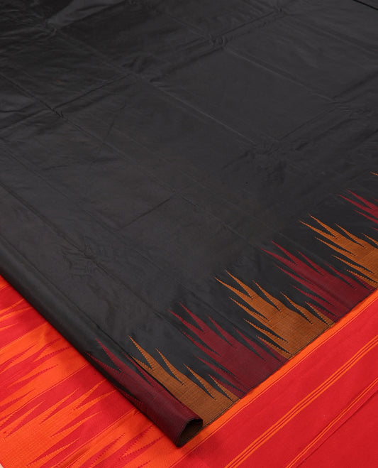 Black Plain Bangalore Silk Saree, Complemented by a Contrast Temple Border, Striped Pallu, and a Contrast Blouse