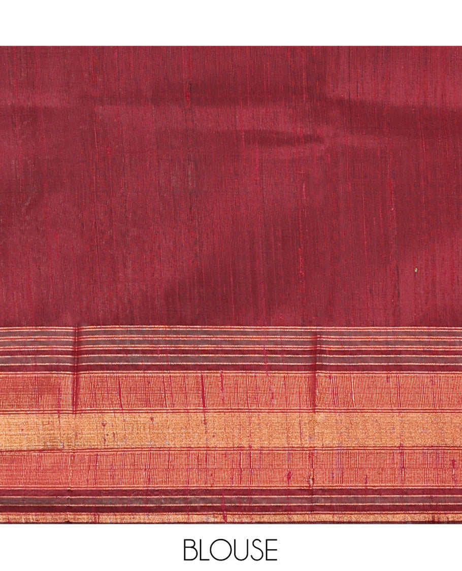 Green Plain Dupion Silk Saree, Complemented by a Contrast Temple Zari Border, Striped Pallu, and a Contrast Blouse