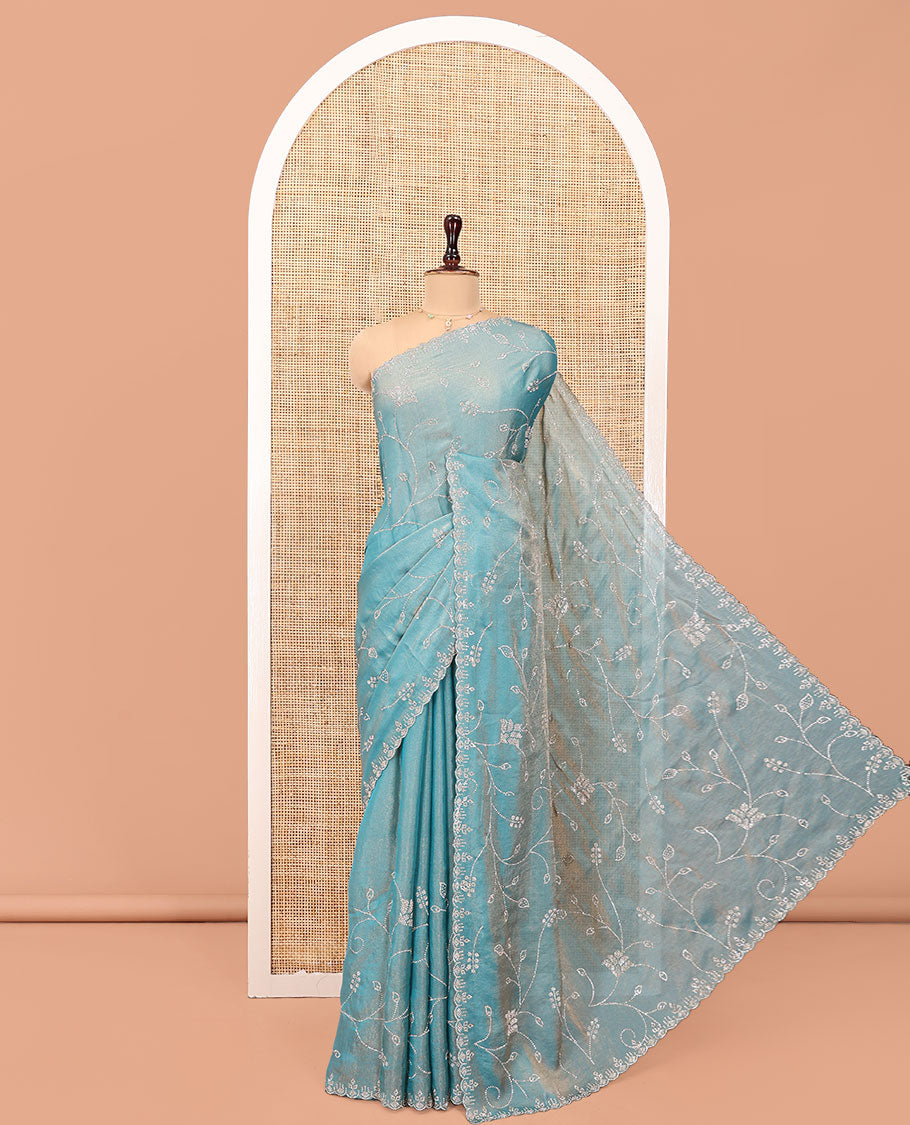 Blue Designer Saree, Prettified with Floral Vine Stone Embroidered All Over Its Body, and Paired with a Matching Blouse