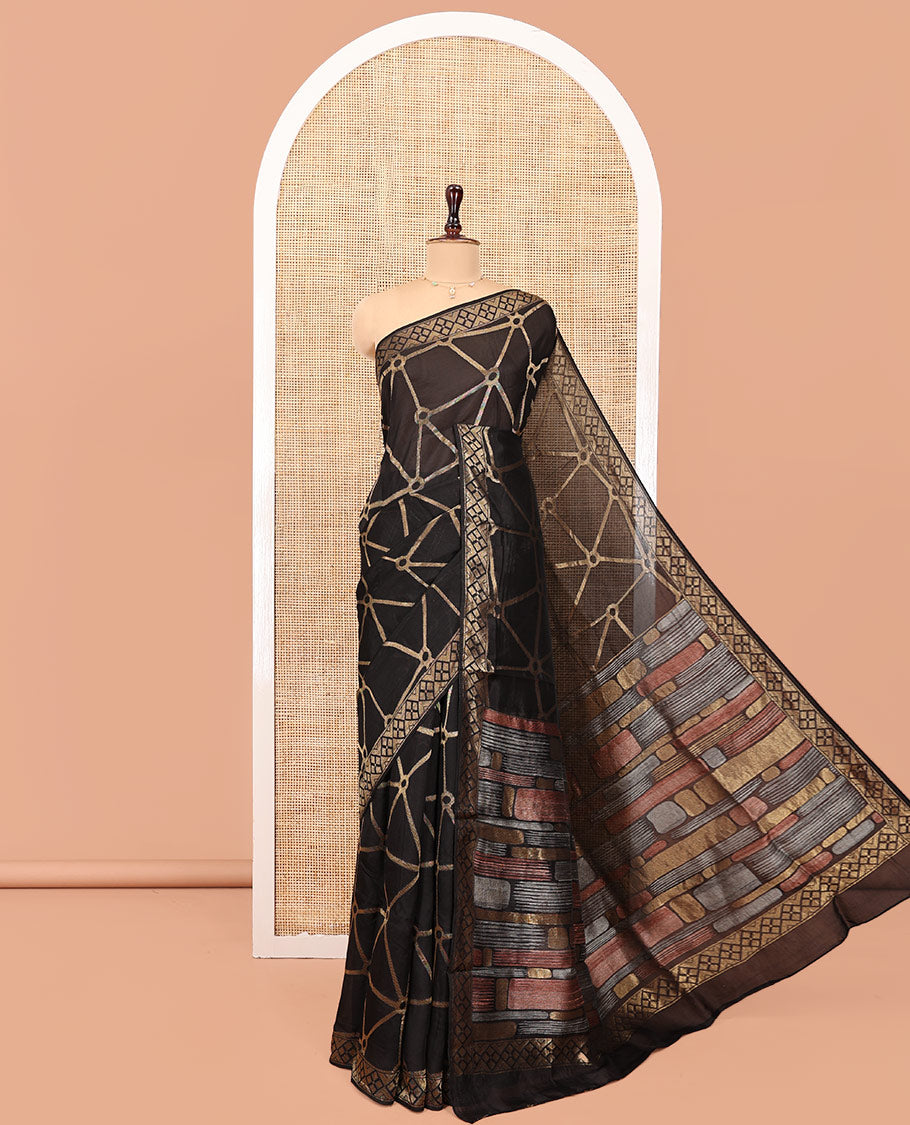 Black Chanderi Cotton Saree, Bedecked with Geometric Web-Patterns Weave On Its Body, Subtle Geometric Border, Pallu of Geometric Weave, and Paired with a Matching Blouse