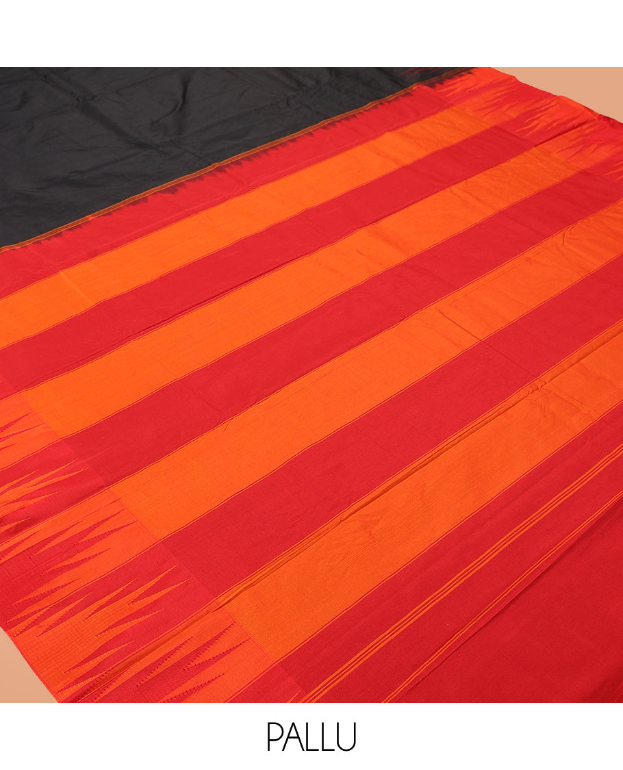 Black Plain Bangalore Silk Saree, Complemented by a Contrast Temple Border, Striped Pallu, and a Contrast Blouse