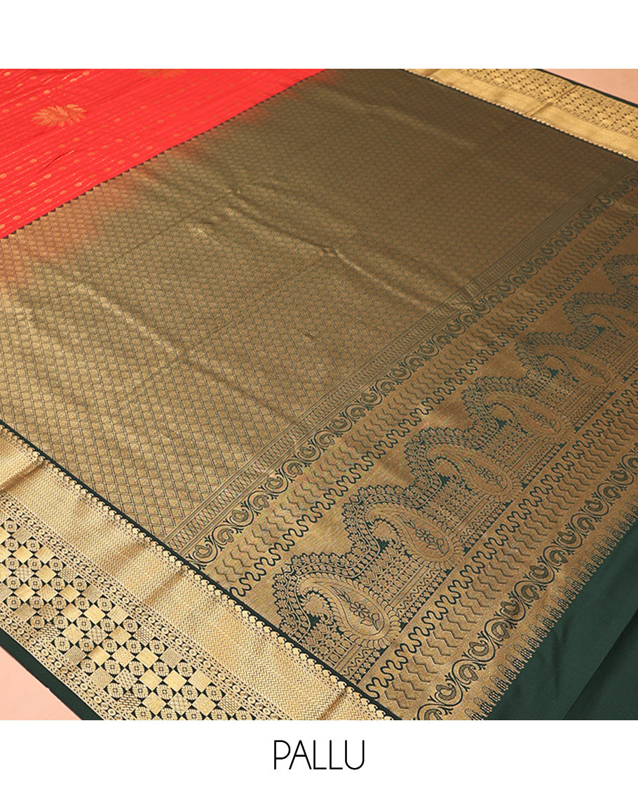 Red and Dark Green Budget Silk Saree, Steeped with the Richness of Zari Designs On Its Body, Complemented by Contrast Traditional Zari Designs Woven Border, Grand Pallu and Paired with a Contrast Blouse