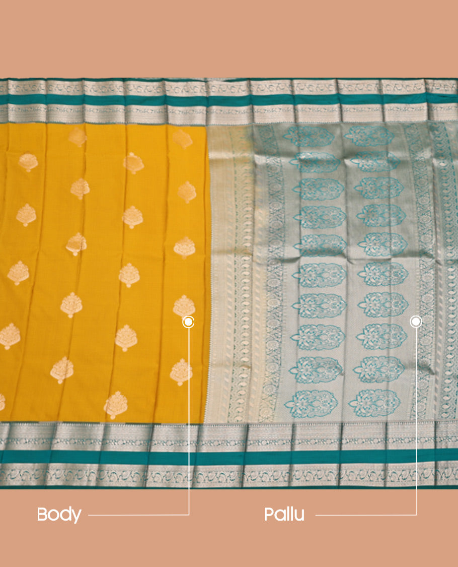 Yellow Budget Silk Saree, Accentuated with Zari Buttas, Complemented by a Contrast Traditional Zari Rettai Pettu Border, Grand Pallu, and a Contrast Blouse