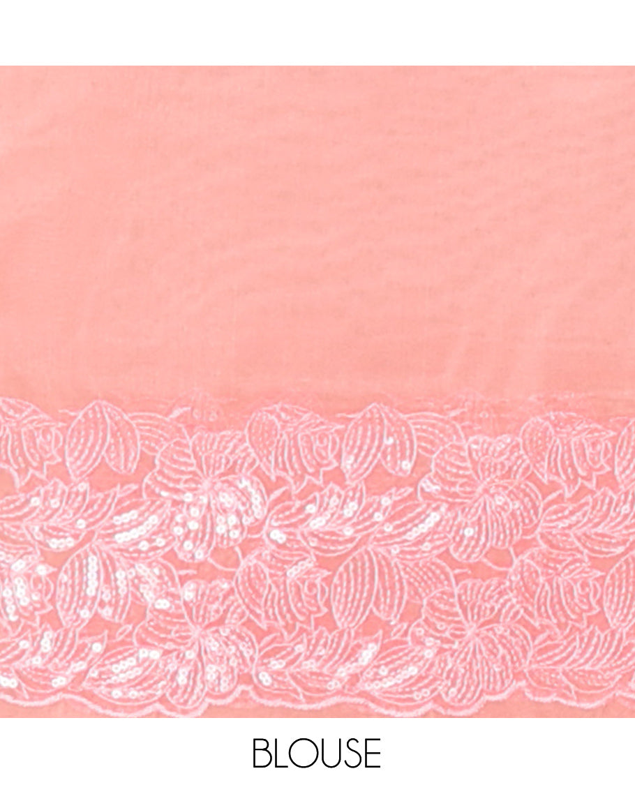 Pink Plain Organza Saree, a Scallop Floral Sequins Embroidered Border, and a Matching Blouse