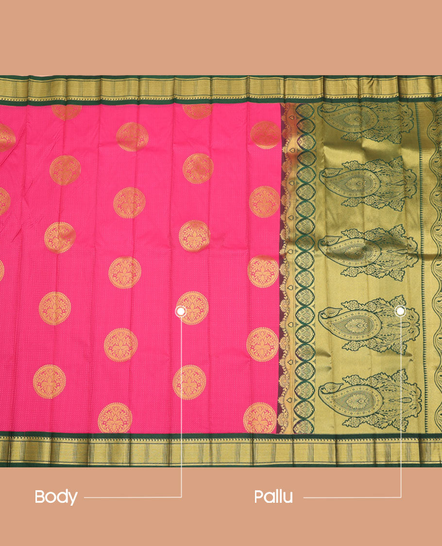 Pink Budget Silk Saree, Embellished with Round Buttas All Over Its Body, Complemented by a Contrast Traditional Zari Design Border, Intricately Designed Pallu, and Paired with a Contrast Blouse