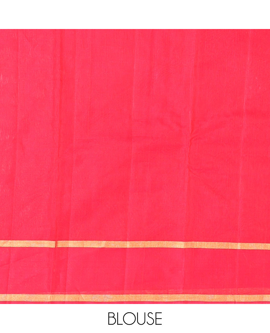 Orange Silk Cotton Saree, Gleamed Up with Zari Buttas, Complemented by a Contrast Traditional Zari Border, Jaal Pallu, and a Contrast Blouse