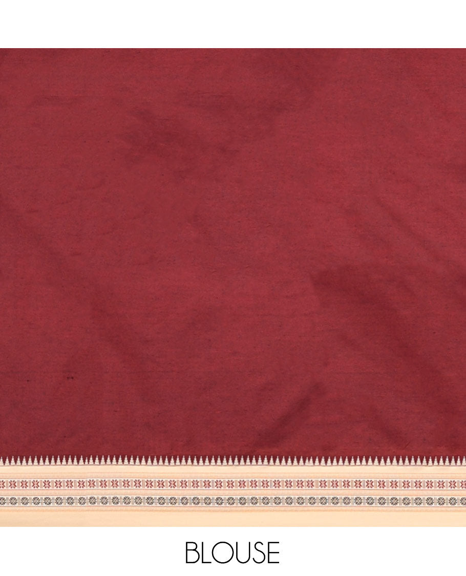 Maroon Plain Narayanpet Cotton Saree, Complemented by a Contrast Traditional Thread Temple Border, Striped Pallu, and a Matching Blouse