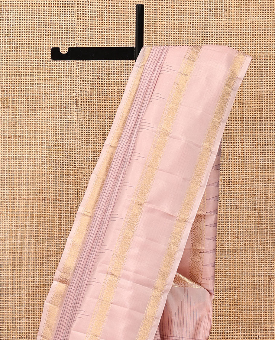 Pink Kanchipuram Silk Saree, Elevated with Checks, Highlighted By Zari Rettai Pettu Border, Pallu of Stripes and Temple  Design, and a Matching Blouse