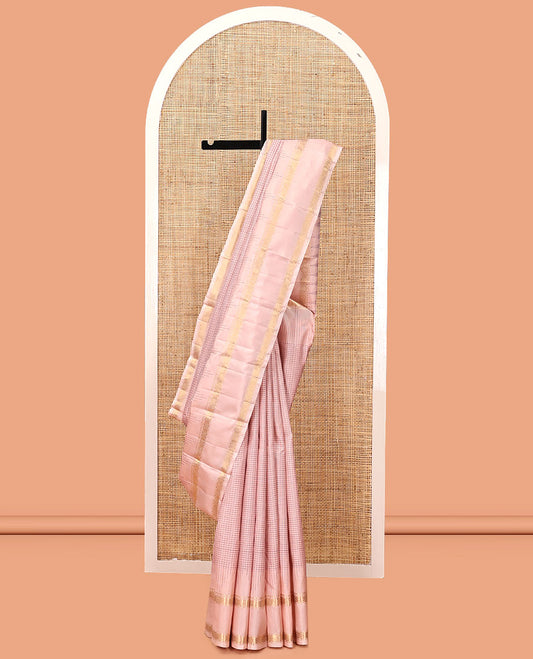 Pink Kanchipuram Silk Saree, Elevated with Checks, Highlighted By Zari Rettai Pettu Border, Pallu of Stripes and Temple  Design, and a Matching Blouse