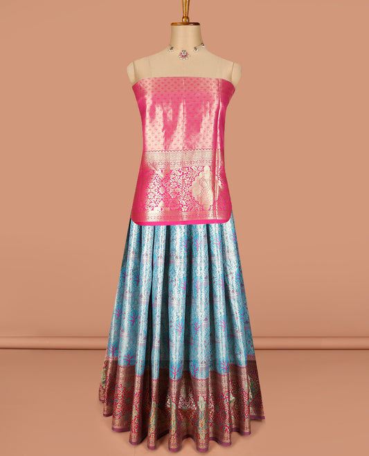 Blue Art Silk Material Half Saree Set Featuring Meenakari Mughal-Style Jacquard Skirt, a Contrast Traditional Zari-Designed Steeped Border, a Zari Jacquard Blouse, and a Dhavani Adorned with Zari Designs