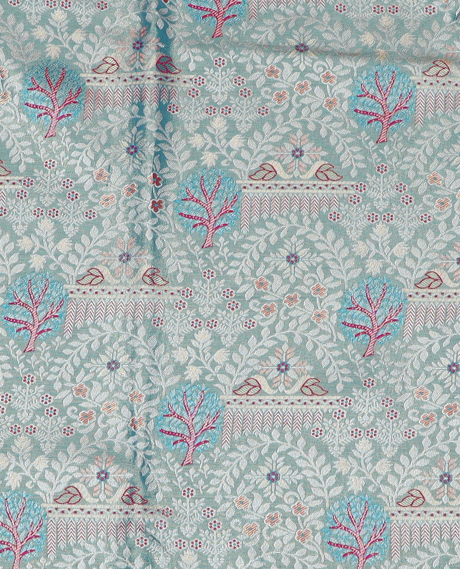 Blue Art Silk Material Half Saree Set Featuring Meenakari Mughal-Style Jacquard Skirt, a Contrast Traditional Zari-Designed Steeped Border, a Zari Jacquard Blouse, and a Dhavani Adorned with Zari Designs