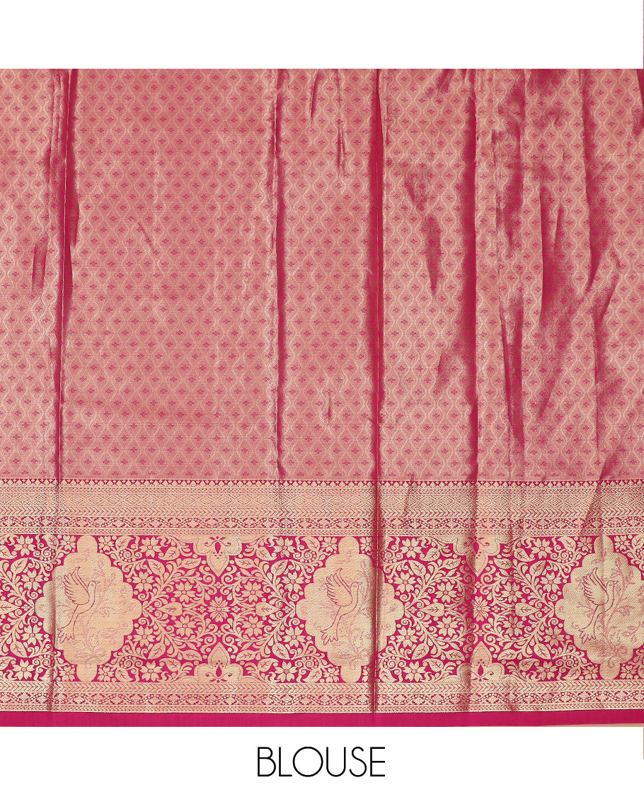 Blue Art Silk Material Half Saree Set Featuring Meenakari Mughal-Style Jacquard Skirt, a Contrast Traditional Zari-Designed Steeped Border, a Zari Jacquard Blouse, and a Dhavani Adorned with Zari Designs