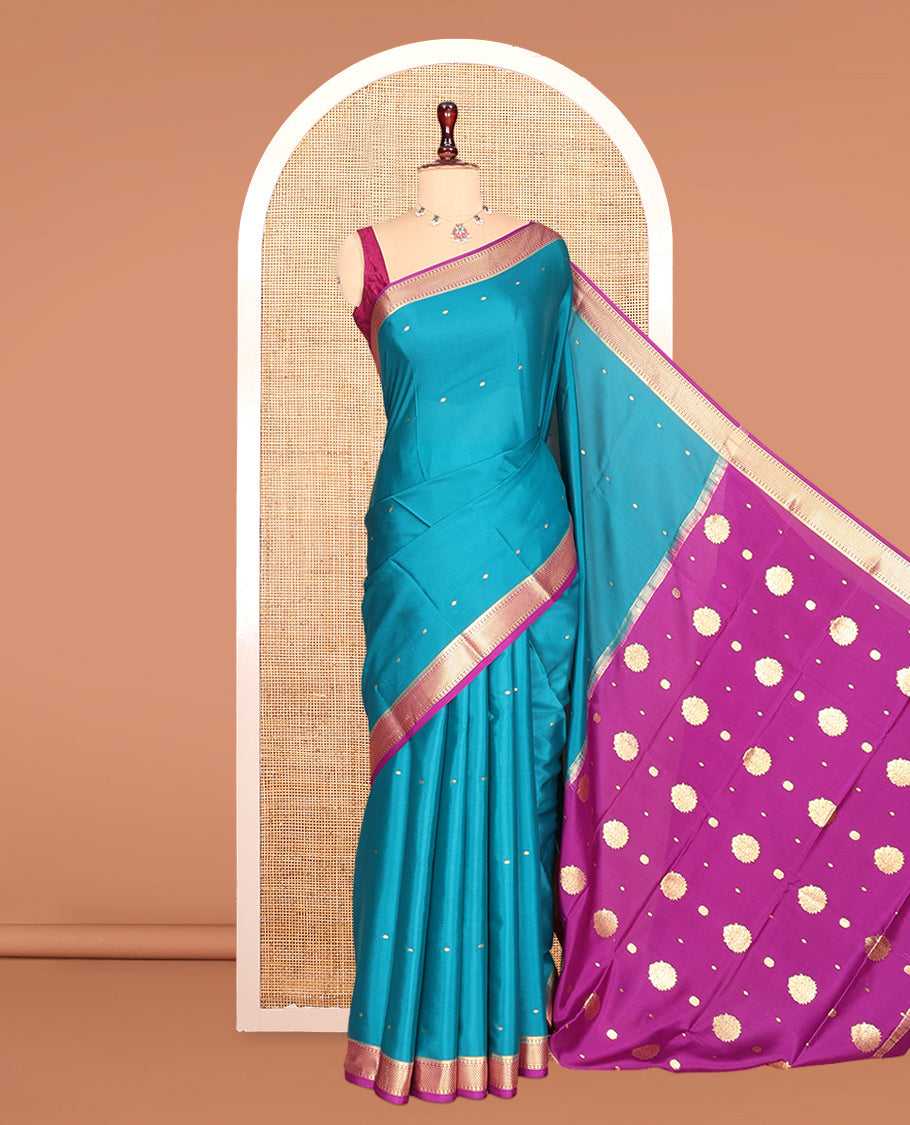 Blue Zari Buttas Mysore Silk Saree, Complemented by a Contrast Traditional Zari Border, Zari Design Pallu, and a Contrast Blouse