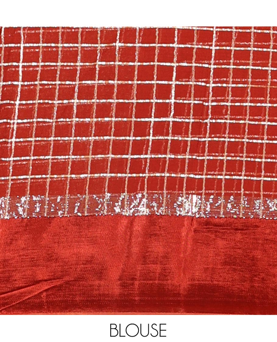 Maroon Viscose Georgette Saree Gleamed with Golden Zari Checks All Over Its Body, Adorned with a Satin Plain Border, a Self Pallu Featuring the Same Checks, and Paired with a Running Blouse