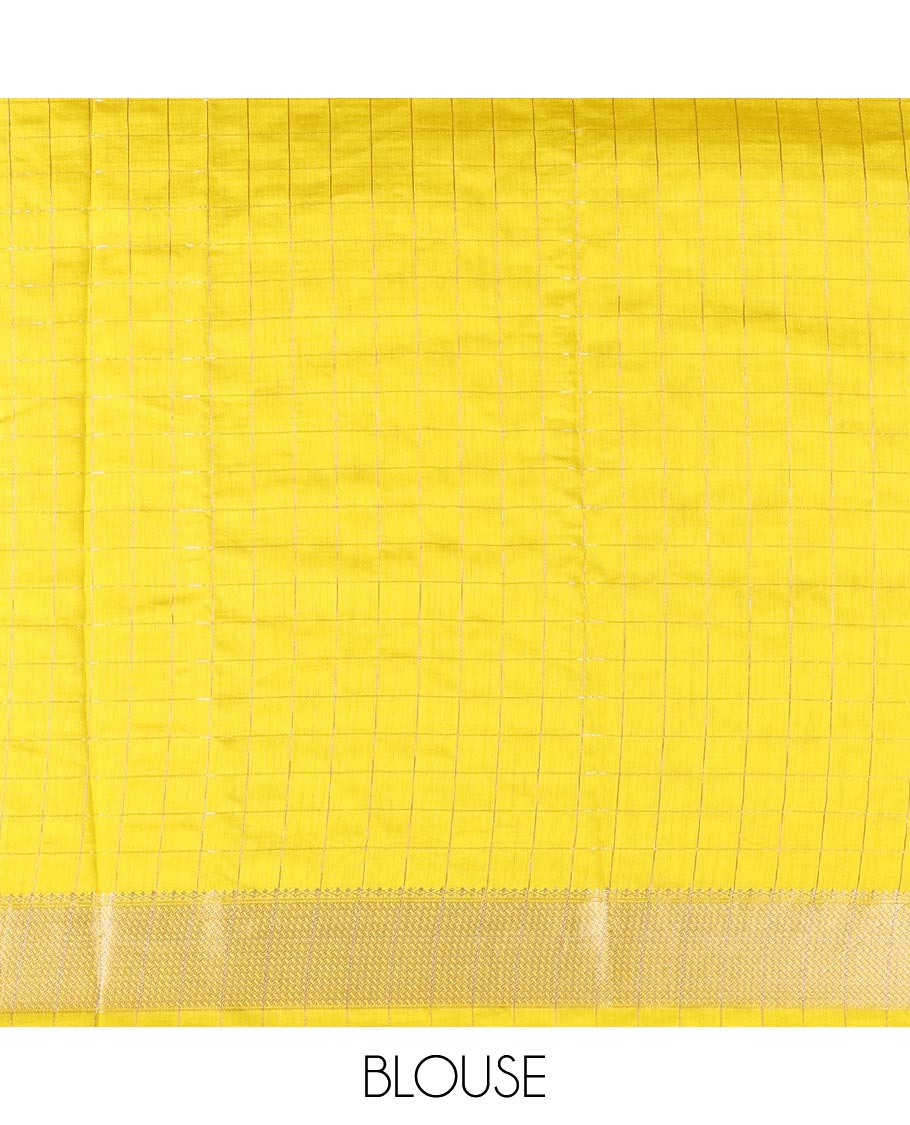 Yellow Assam Silk Saree, Sparsely Threaded with Zari Checks, Highlighted by a Traditional Zari Border, Zari Design Pallu, and a Matching Blouse