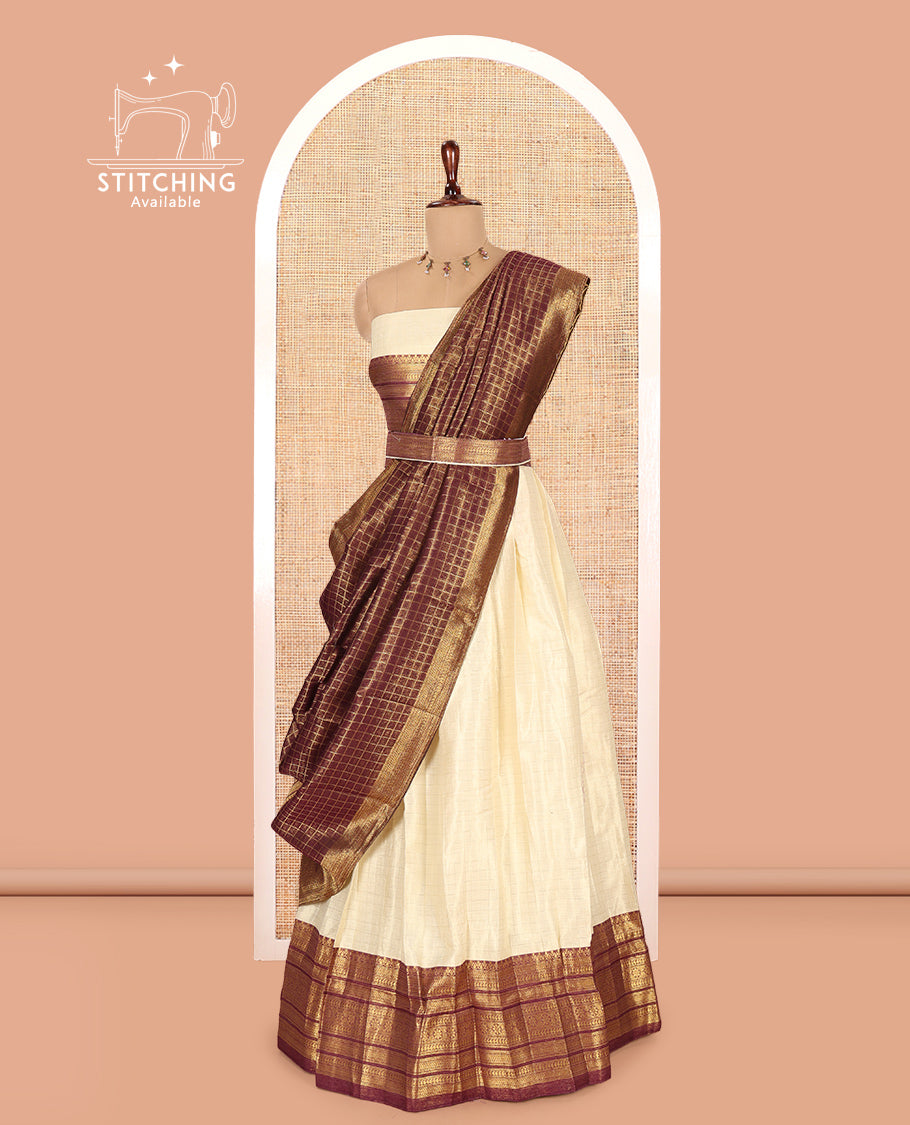Cream-Dark Purple Semi-Silk Half-Saree
