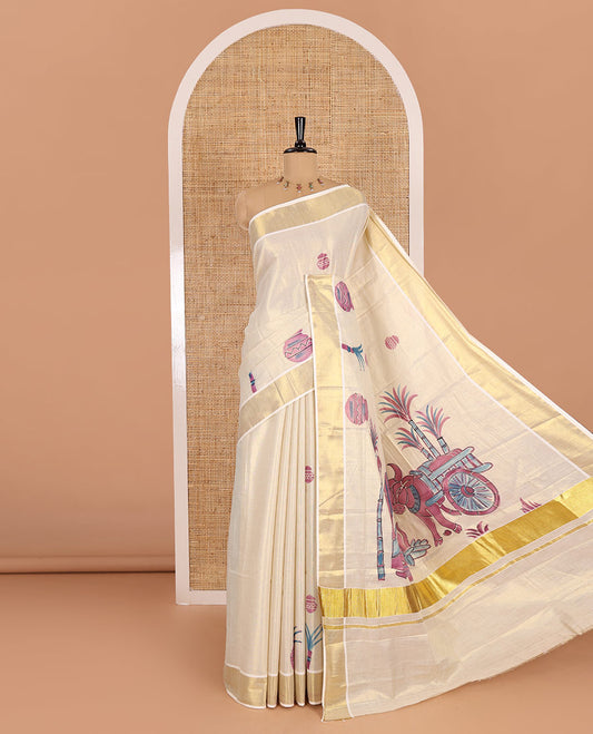 Cream-violet Pongal-festive theme block printed Kerala cotton saree, pongal pot printed body, bavanji border, and Pongal theme block print pallu, and a matching blouse