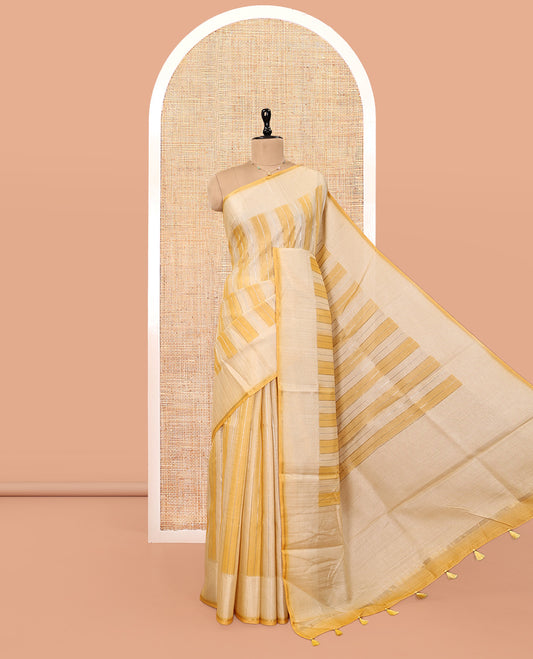 Yellow Fancy Tussar Saree, Accentuated with Stripes, a Subtle Plain Border, Plain Pallu, and a Matching Blouse