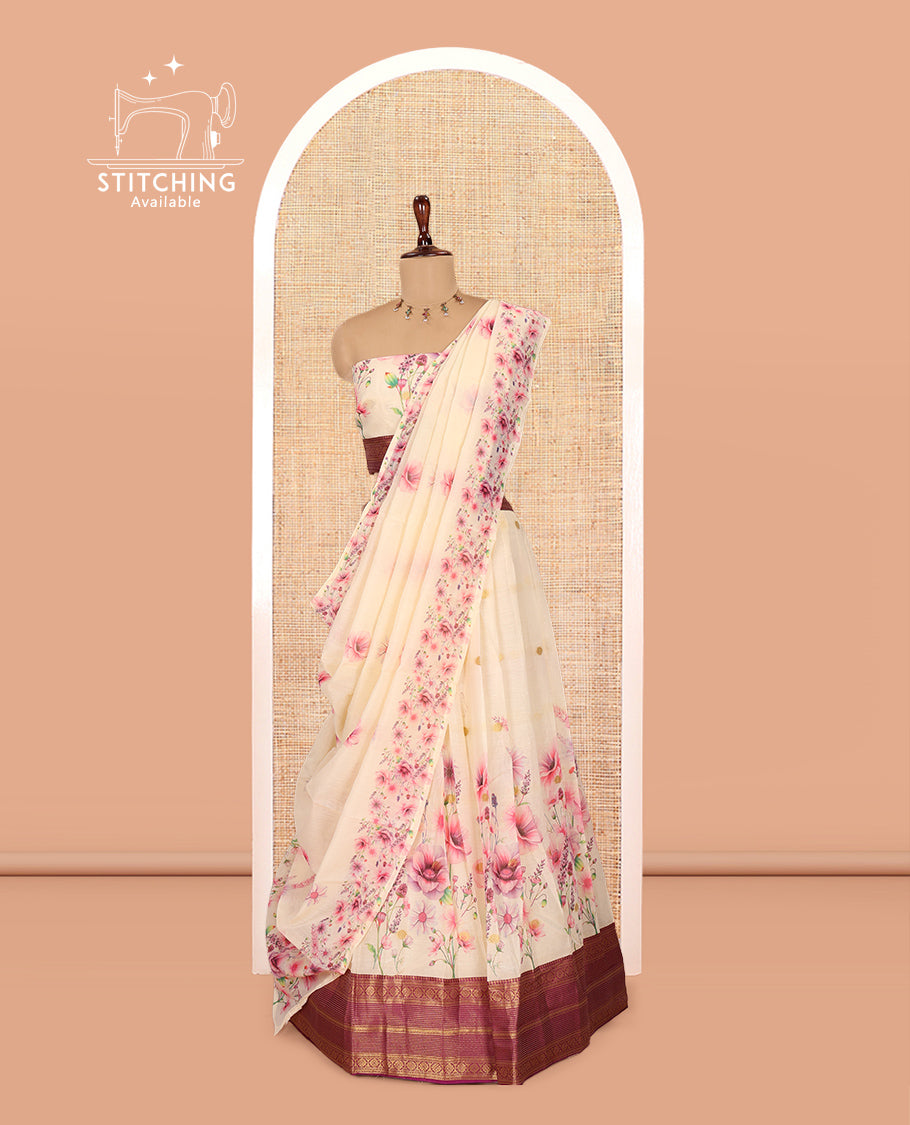 Cream-Magenta Semi-Silk Half-Saree Features a Floral-Printed Skirt, a Contrast Traditional Border, a Matching Blouse, a Floral Dhavani