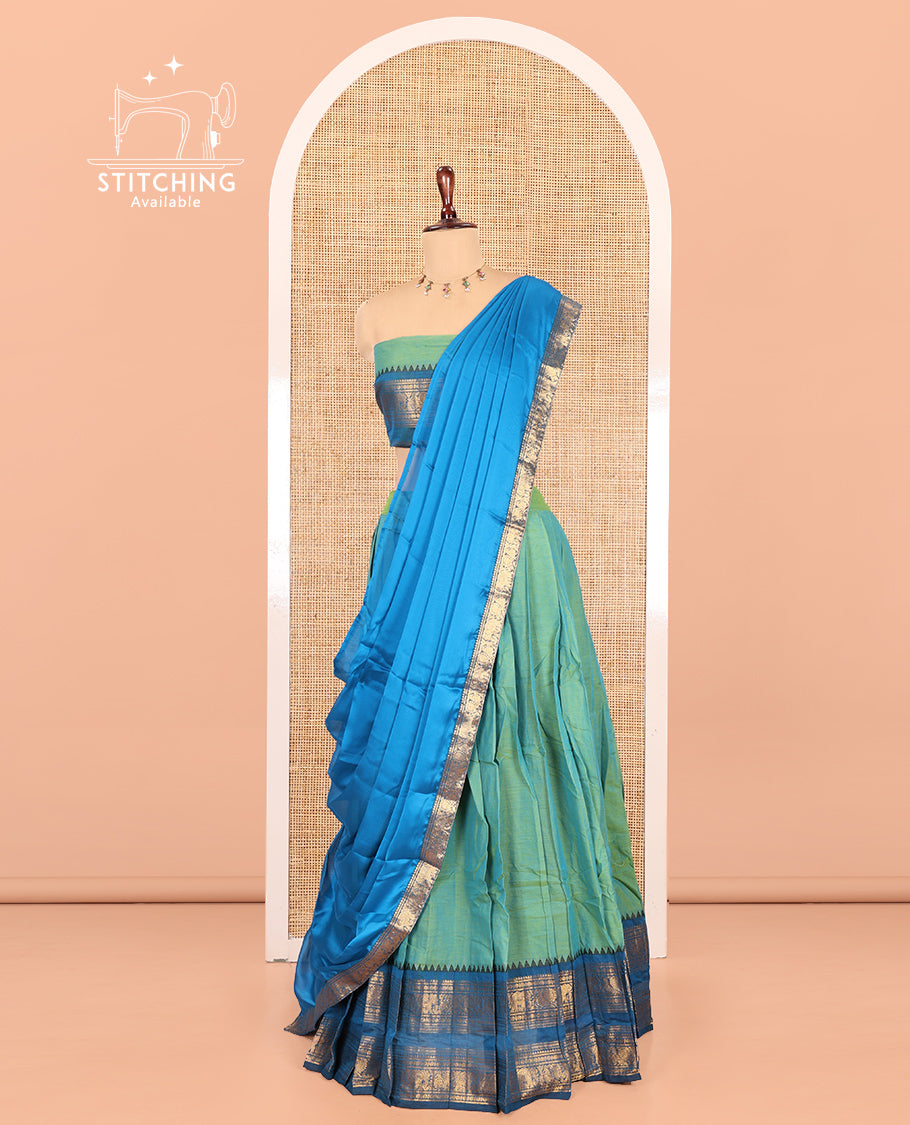 Light Rama Green-Sea Blue Chettinad Cotton Half-Saree, Plain Contrast Traditional Zari-Bordered Skirt, Matching Blouse, and a Contrast Dhavani