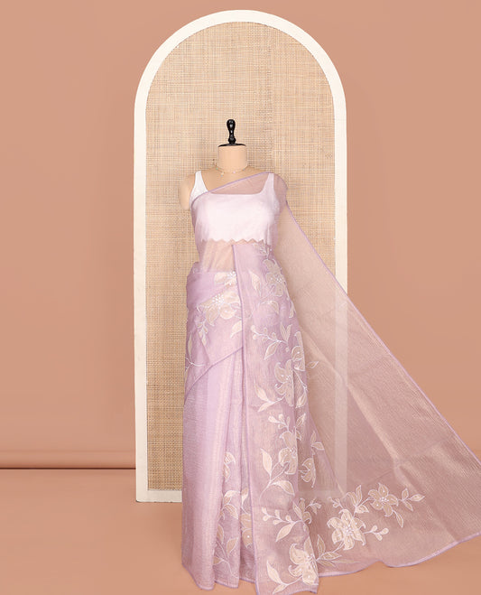 Pale Pink Crushed Tissue Saree, Delicately Decked Up with Floral Motifs Embroidery, a Subtle Scallop Border, and Matching Blouse