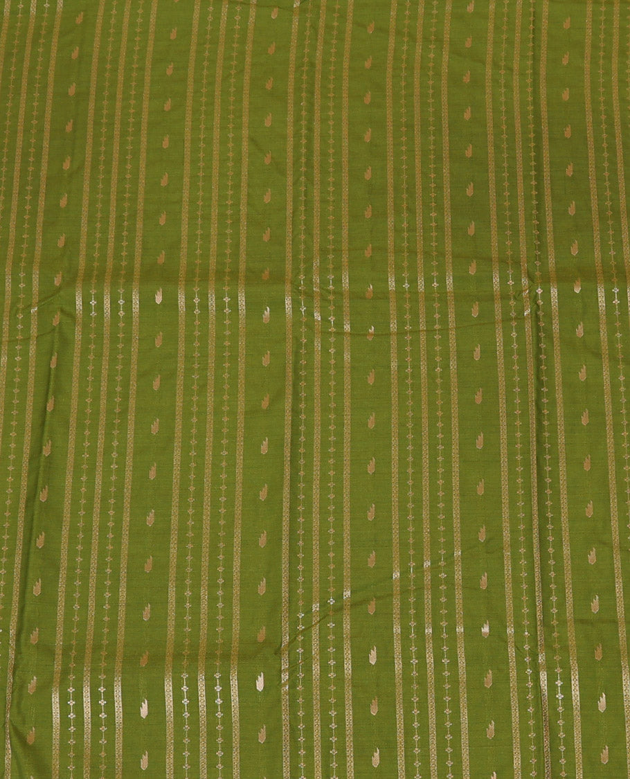 Green Art Silk Pavadai Material Set, Detailed with Zari Designs All Over Its Skirt, Highlighted with a Contrast Traditional Zari Design Border, and Paired with a Contrast Blouse