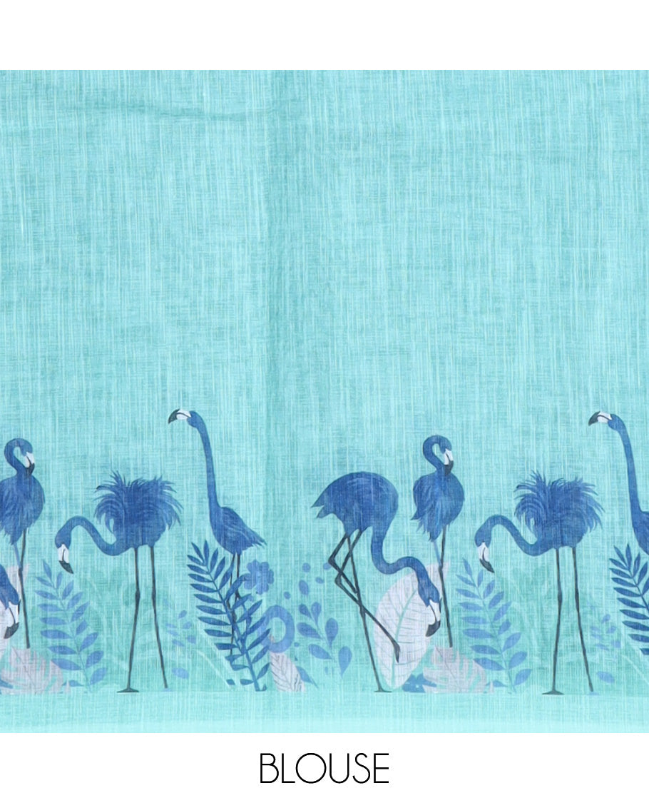 Blue Linen Cotton Saree, Beautified with Floral Crane Motifs Print, a Contrast Border, and a Contrast Blouse