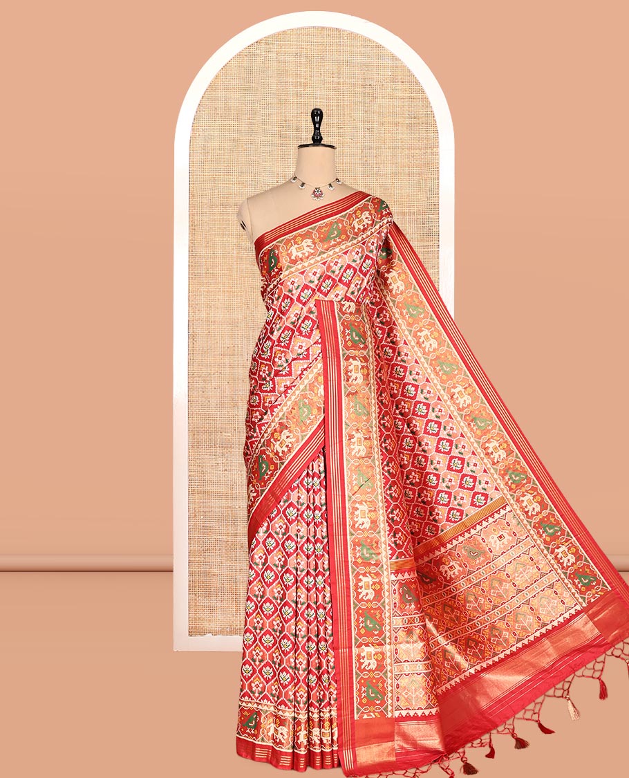 Red Intricate Motif Semi-Patan Patola Saree, Patola Tissue Border, and a Matching Blouse