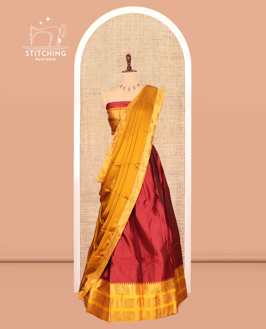 Red-Yellow Semi-Banarasi Half-Saree Features Plain Skirt, Contrast Floral Creeper Zari Border, Matching Blouse, Contrast Dhavani