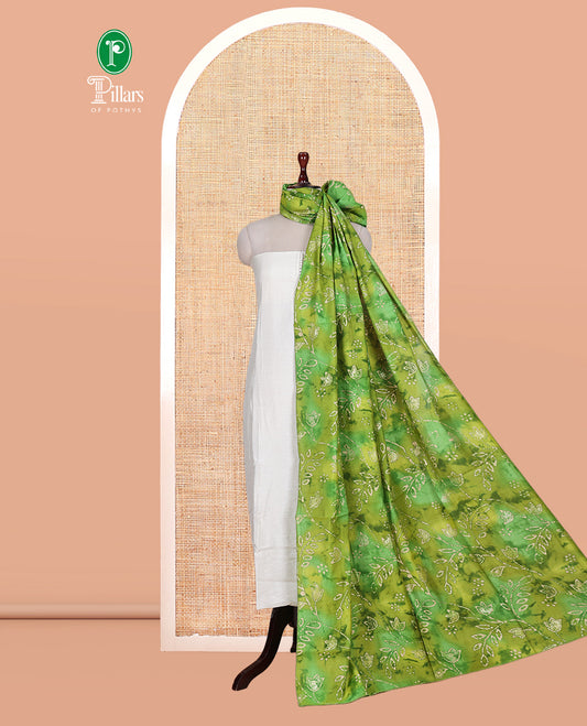 Cream-Green Kerala Cream Mul Chanderi Material Churidar Features Pom-Pom Neckline Top, a Contrast Batik Floral Printed Bottom, and  Dupatta