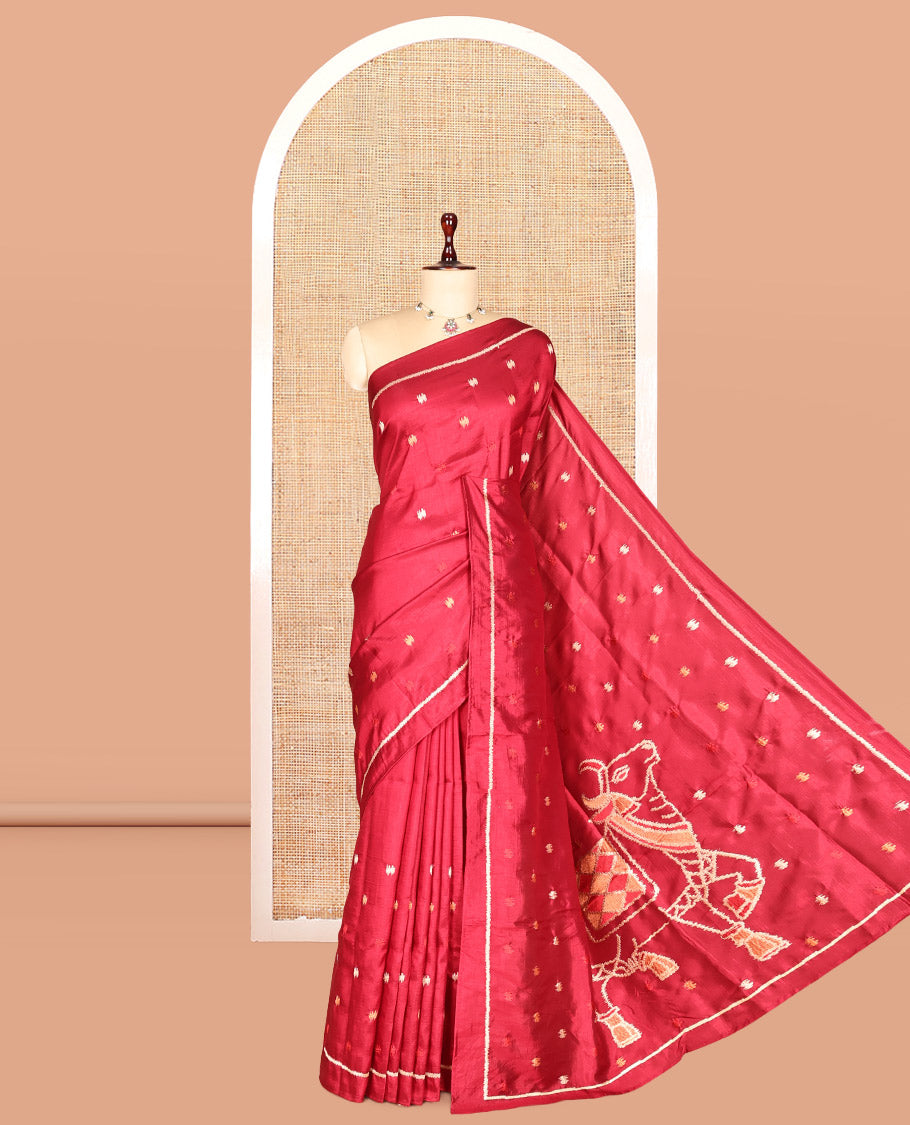 Maroon Matka Silk Saree Features Thread Buttas, a Self-Border, Pichwai Cow Pallu, Matching Blouse